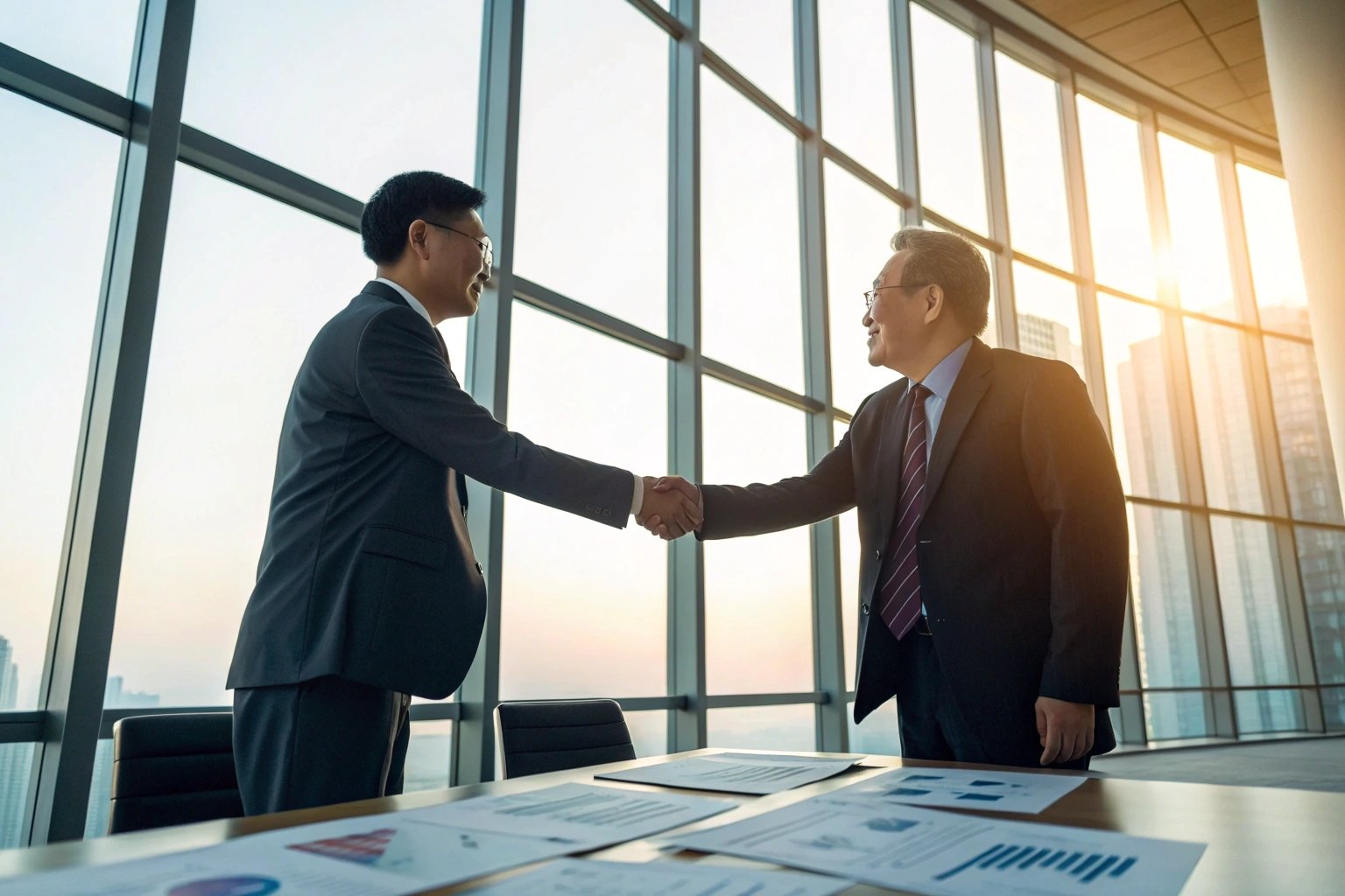 Business handshake in office with panoramic window view.